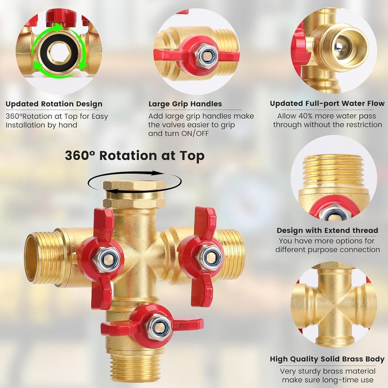 Finest Garden Hose Splitter 3 Way, Heavy Duty 3-Way Brass Valve Garden Hose Splitter With Stainless Steel Long Handle, Full Flow Hose Splitter Connector, Valve 3/4 Inch GHT Thread - Image 2